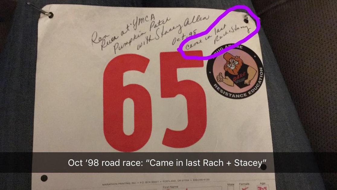  Yes, we came in last place in this 1998 road race. I also specifically remember us cutting the course at the end because we were tired and needed to get to the snacks. Thank goodness Val documented this for us.  